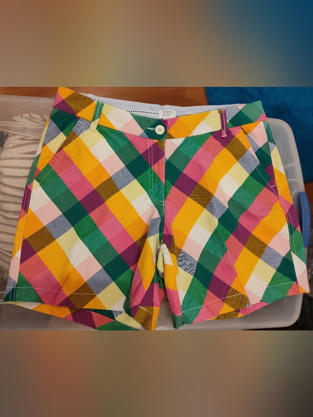 Crown & Ivy Multi-Color Plaid Women’s Shorts - Yellow, Green, Pink, White